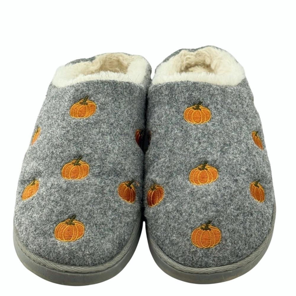 Kooba Faux Fur Lined Slippers Gray Pumpkin Embroidery Cozy Fall Shoes L (US 8-9)